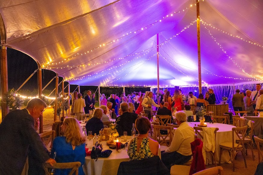 Sailcloth tent showing fairy lights